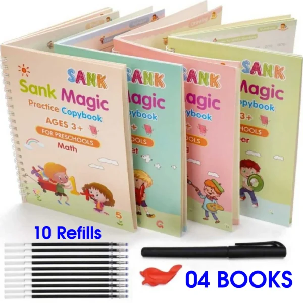 4 in 1 Sank Magic Book | Reusable Magic Practice Copy Book | 4 books + 1 Pen + 5 Refills +1 Grip