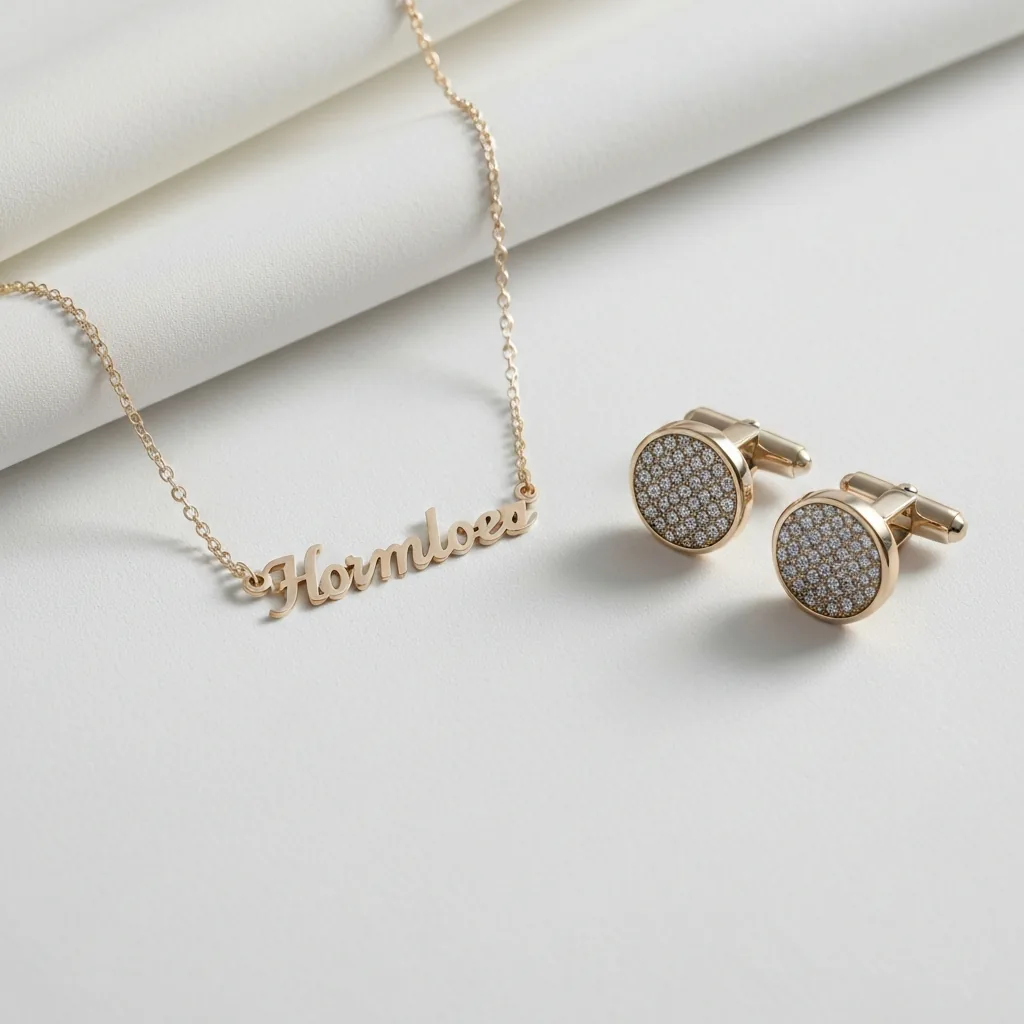 elegant personalized jewelry flat lay featuring engraved cufflinks
